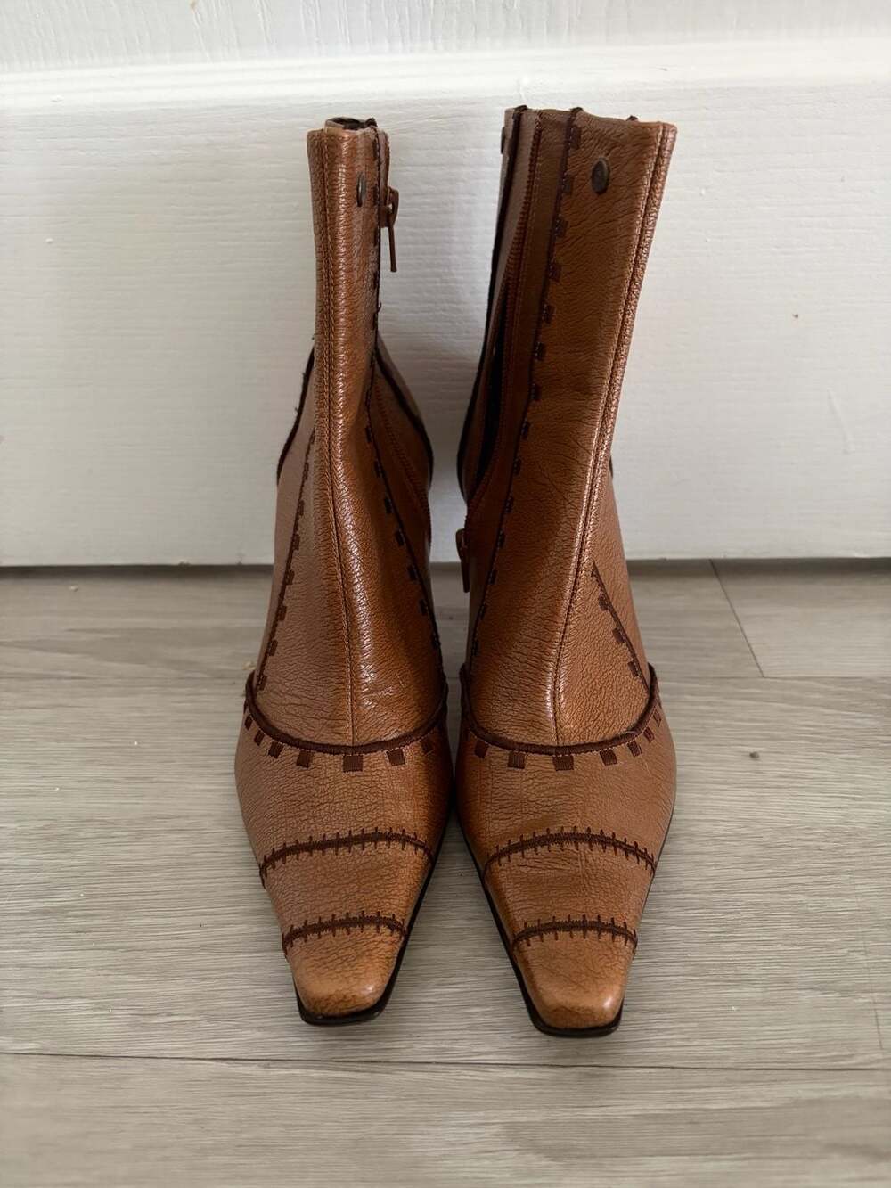Nine West Brown Leather Pointed Toe Heel Ankle Boots with Contrast Stitching